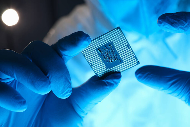 Hands in gloves hold chip testing microelectronics - Photo, image