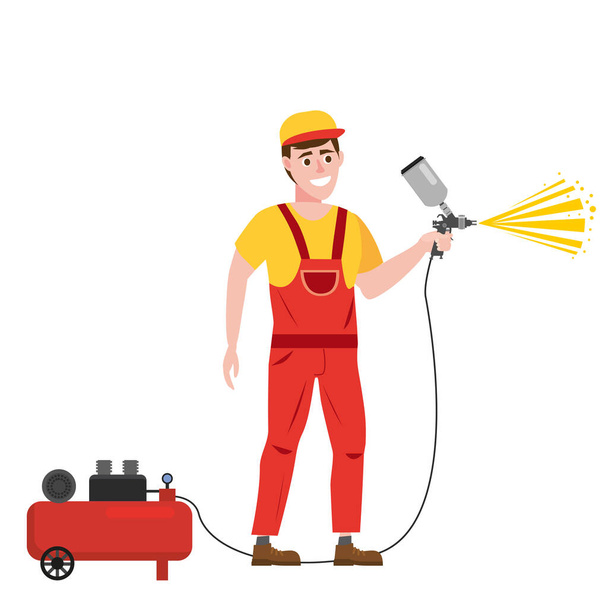 Spray painter professional character spraying yellow paint from paint gun and compressor wearing uniform. Flat cartoon style vector illustration isolated on white background. - Vektori, kuva