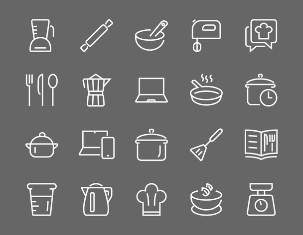 Mutfak ve yemek pişirme ikonları, vektör çizgileri, bıçak, tencere, kaynama zamanı, mikser, tartı, yemek tarifi kitabı gibi ikonlar içerir. Düzenlenebilir vuruş, mükemmel 480x480 piksel, beyaz arkaplan - Vektör, Görsel