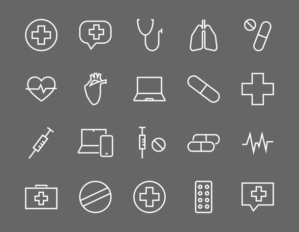  Egyszerű készlet gyógyszer, tabletták Kapcsolódó vektor vonal ikonok. Tartalmaz ikonok, mint a fájdalom, fecskendő, tabletta és így tovább. Szerkeszthető agyvérzés. 480x480 pixel tökéletes, fehér alapon - Vektor, kép