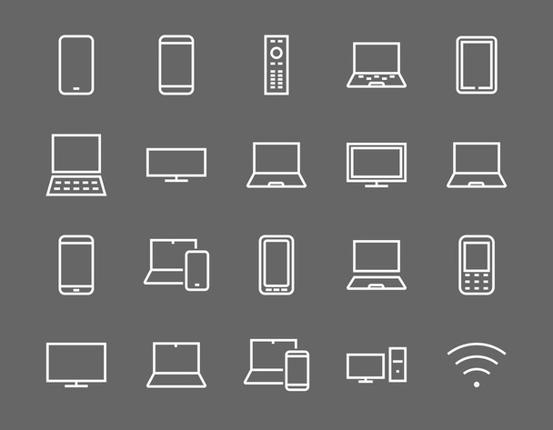 A set of smart devices and gadgets, computer hardware and electronics. Icons of electronic devices, computer, phone, remote control, for web and mobile vector lines. Editable stroke. 480x480 pixels - Vector, Image
