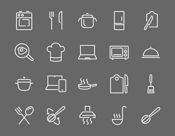   Conjunto de ícones de cozinha e cozinha, linhas vetoriais, contém ícones como frigideira, fritura, microondas, garfo com colher, Curso editável, perfeito 480x480 pixels, fundo branco. - Vetor, Imagem