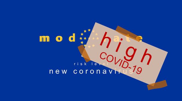 A Comissão Europeia declara um elevado nível de risco para o novo vírus do coronavírus, COVID-19. ilustração 3D com as estrelas da UE e cores da bandeira da União. Publicidade com fita de papel gummed
. - Foto, Imagem