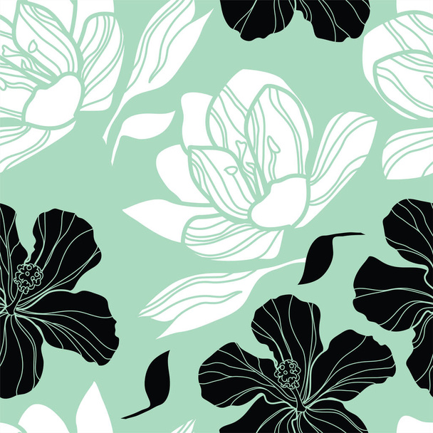 Vector seamless black and white floral pattern from leaf. Natural summer background - Vector, imagen