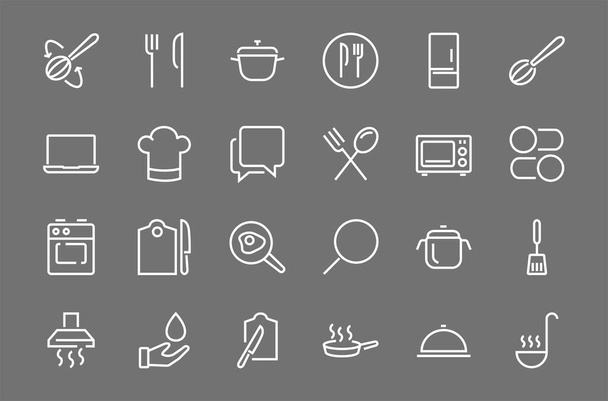   Набор кулинарных и кухонных иконок, векторные линии, содержит такие иконки, как сковородка, жарка, микроволновая печь, вилка с ложкой, редактируемый штрих, идеальный 480x480 пикселей, белый фон. - Вектор,изображение