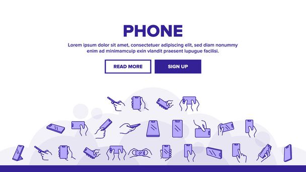 Smart Phone Technology Landing Web Page Header Banner Πρότυπο διάνυσμα. Hand Holding τηλέφωνο για να κάνει τη φωτογραφία και το παιχνίδι, οθόνη αφής Εικονογράφηση - Διάνυσμα, εικόνα