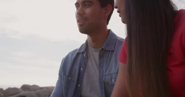 Side view of a mixed race couple enjoying free time in nature on a sunny day together, sitting and talking in slow motion - Imágenes, Vídeo