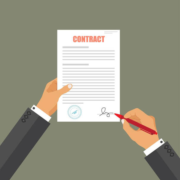 Businessman sign agreement paper document . A person signs a contract. Partnership, cooperation, agreement concept. - Vector, Image