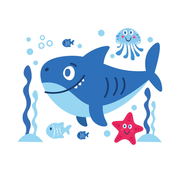 Illustration with sea animals shark star fish jellyfish - Vektor, obrázek