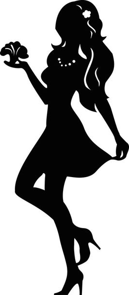 A girl with a flower is dancing. Silhouette black, illustration, vector - Fotoğraf, Görsel