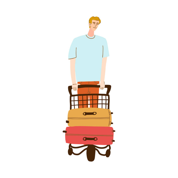 Ilustración de un hombre pasea con equipaje en un carro
 - Vector, imagen