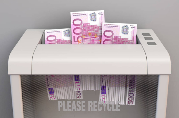 Rendszeres irodai papír aprító folyamatban aprítás három eurobankjegy izolált alapon - 3d render - Fotó, kép