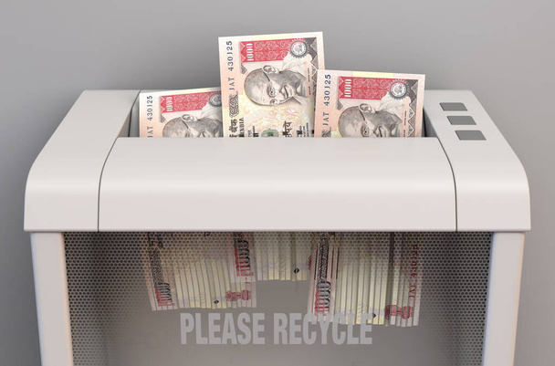 Een reguliere kantoorpapierversnipperaar in het proces van het versnipperen van drie Indiase roepie bankbiljetten op een geïsoleerde achtergrond - 3d render - Foto, afbeelding