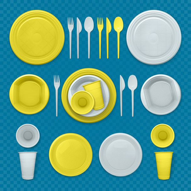 Σετ από ρεαλιστικά κίτρινα και λευκά πλαστικά πιάτα - Διάνυσμα, εικόνα