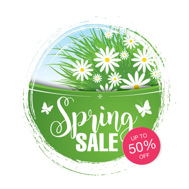 Round spring sale poster win bright colours with flowers - Vector, imagen