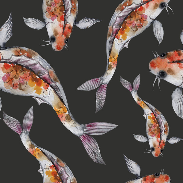 Watercolor oriental pattern with rainbow carps. Seamless oriental texture with isolated hand drawn fishes and blossom cherry. Asian natural background in - 写真・画像