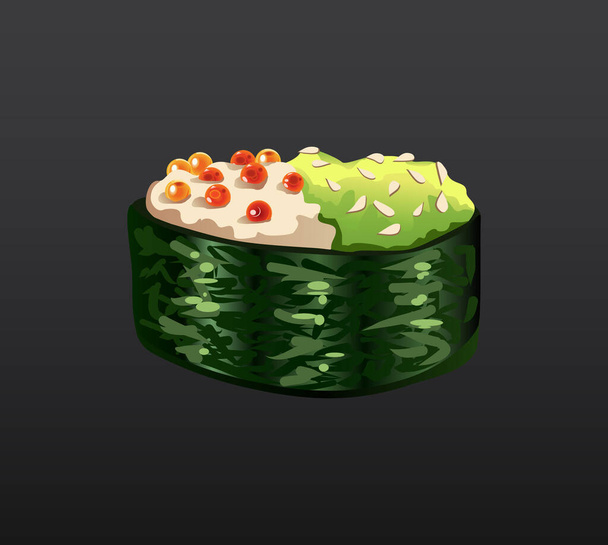 3D Sushi Roll traditionelle Algen frisches Rohkost. Japanische Sushi-Rolle mit Meeresfrüchten. Klassisches asiatisches Essen. Sushi-Rolle mit Lachskaviar und Nori - Vektor, Bild
