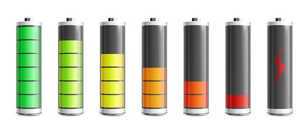 Set of batteries with power indicator realistic vector illustration isolated. - Вектор,изображение