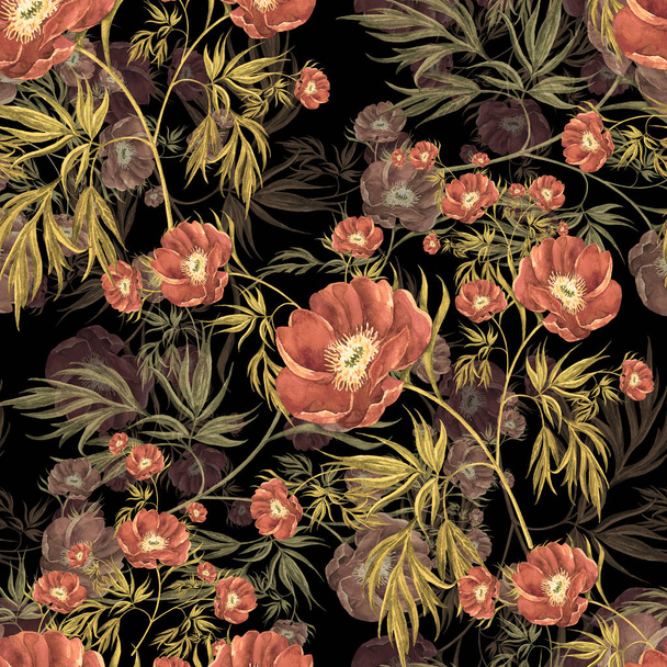 Watercolor red peony on black background. Floral seamless pattern. - Fotoğraf, Görsel