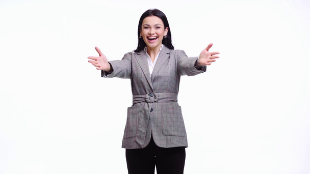 Zaskoczony bizneswoman śmiejąc się na białym - Materiał filmowy, wideo