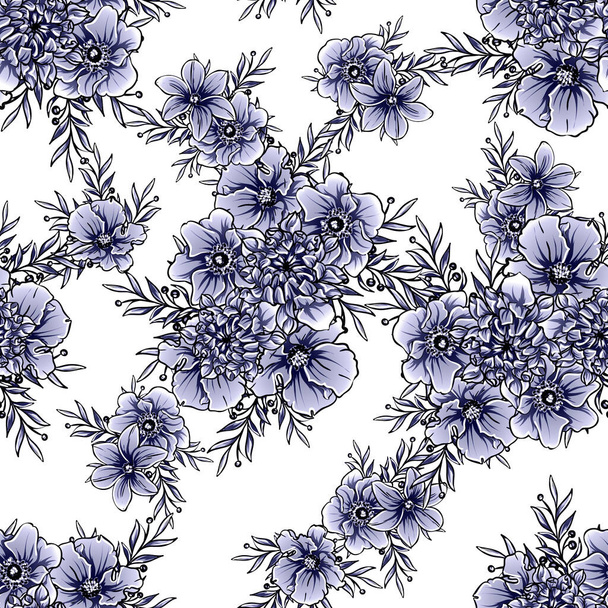 Seamless blue monochrome vintage style flowers pattern - Vektor, Bild