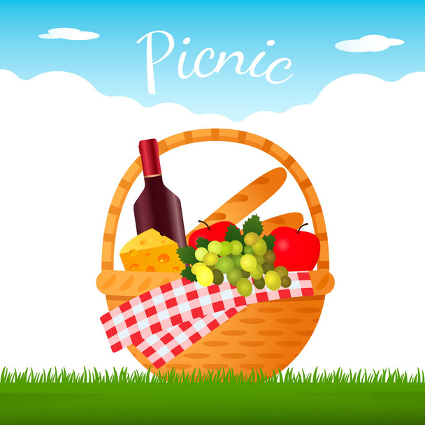 tasty wicker picnic basket with a bottle of red wine, fruit and cheese on green grass. - Vector, Image