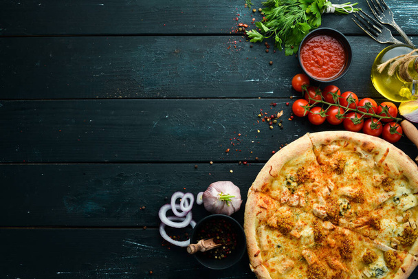 Pizza with chicken, cheese and mustard. Top view. Free space for your text. - Foto, Bild
