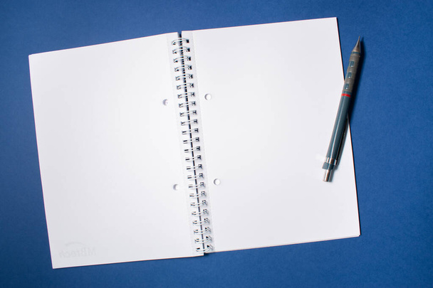Widok z góry notatnika z długopisem na kolorowym tle. Płaska leżanka z przestrzenią do pisania - Zdjęcie, obraz