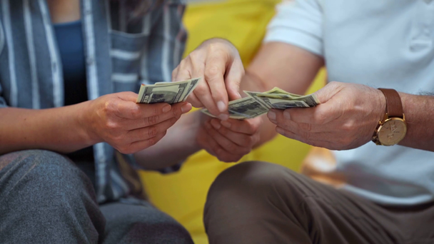 καλλιεργημένη άποψη της ηλικιωμένης συζύγου που δίνει χρήματα στον σύζυγο  - Πλάνα, βίντεο