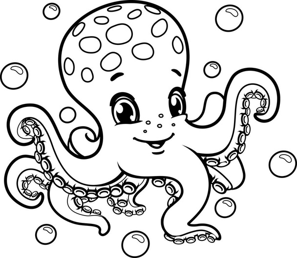 Schwarz-weiß Happy Octopus Cartoon Mascot Charakter. Vektor-Illustration auf weißem Hintergrund isoliert - Vektor, Bild