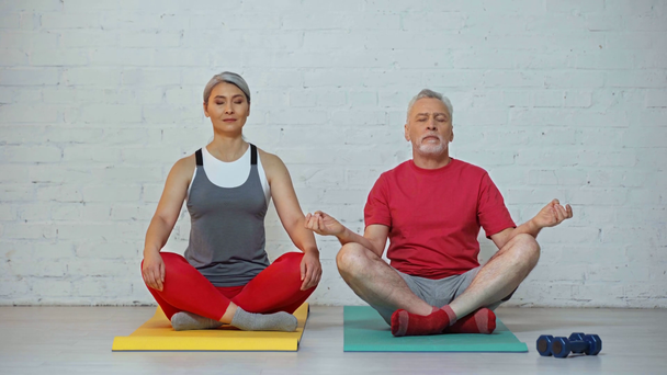 starsza i międzyrasowa para medytująca nad matami fitness  - Materiał filmowy, wideo