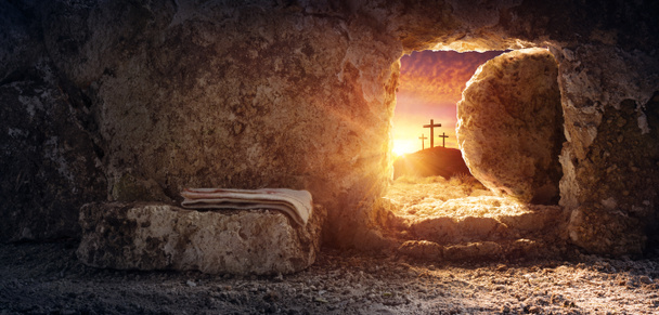 Tomb Empty With Shroud And Crucifixion At Sunrise Resurrection Of Jesus Christ - Photo, Image