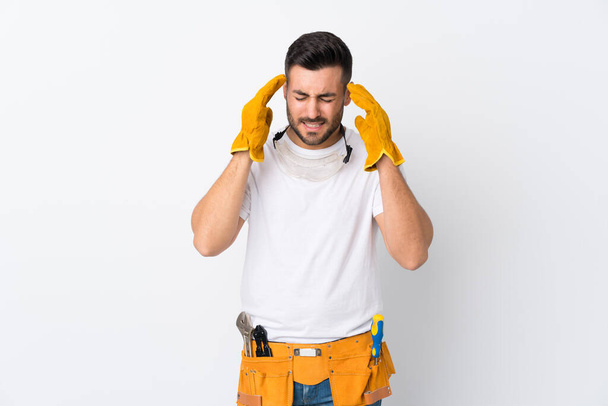 Craftsmen or electrician man over isolated white background unhappy and frustrated with something. Negative facial expression - Photo, Image