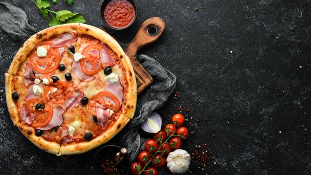 Italian pizza with tomatoes, bacon and olives. Top view. Free space for your text. - Fotoğraf, Görsel