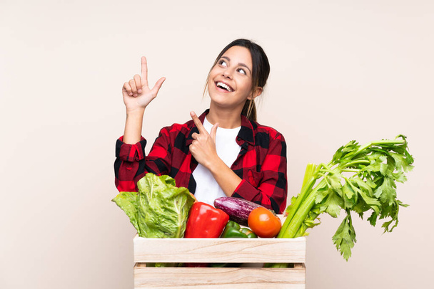 Фермер женщина держит свежие овощи в деревянной корзине указывая указательным пальцем отличная идея - Фото, изображение
