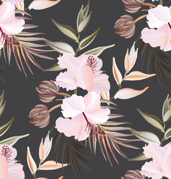 Hibiscus summer seamless pattern, exotic plant texture. Hawaiian fabric wallpaper. Spring textile drawing blossom. Vector. - Διάνυσμα, εικόνα