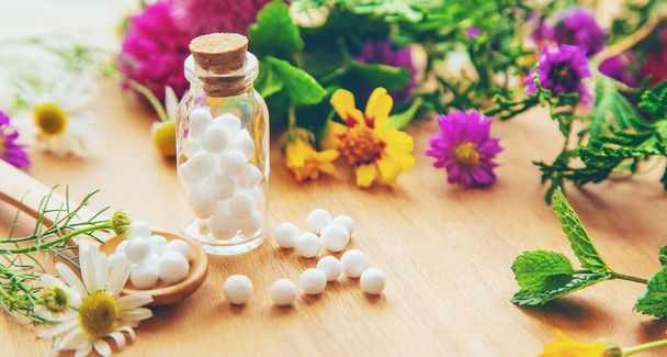 Küçük kavanozlarda Homeopati. Bitkisel özü. Seçici odaklanma. Doğa. - Fotoğraf, Görsel