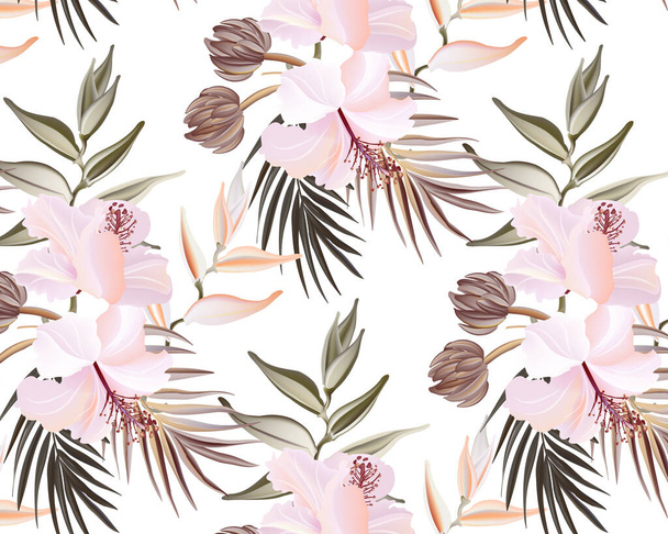 Wild flower hibiscus bloom, palm leaves, exotic buds. Floral herbal bouquet decoration. Vintage retro wallpaper. Watercolor pastel pink nature design. - Vektor, obrázek