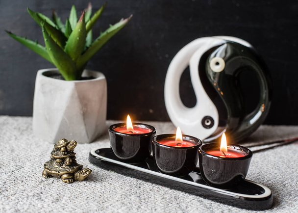 aromaterapie a feng shui koncept. Aroma lampa s jin jang symbol, svíčky, vonné tyčinky, růženec a květ v betonovém hrnci. Buddhismus, meditace, bazi, zen - Fotografie, Obrázek