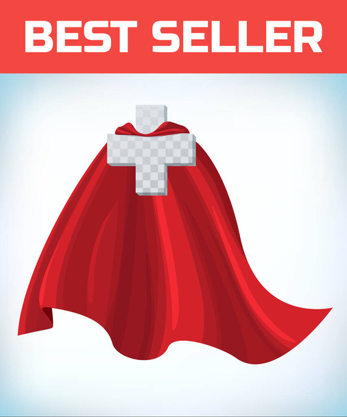 Equilateral cross in hero cape. Doctor super cloak. Pharmacy sign. Health icon. Medicine concept. Health sign. Superhero symbol. Cross care. Healthy idea. Help emblem. Insurance logo. Vector - Vector, Image