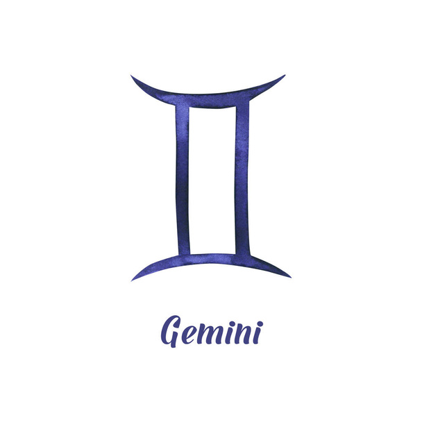 Υδατογραφία Gemini σημάδι. Χειροποίητη εικόνα είναι απομονωμένη στο λευκό. Ζωγραφισμένο ζώδιο είναι ιδανικό για αστρολόγο, αστρολογική πρόγνωση, ωροσκόπιο φόντο, σχέδιο τατουάζ - Φωτογραφία, εικόνα