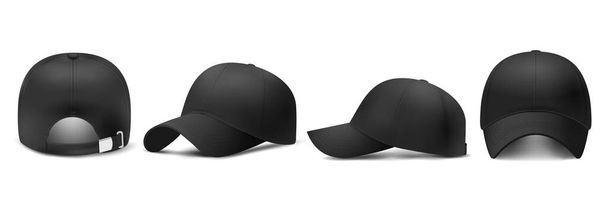 Black cap Mockup, realistic 3D style. Hat blank template, baseball caps, vector illustration set. Collection of modern realistic fashion accessories,headgear,headwear, headdress - Vecteur, image