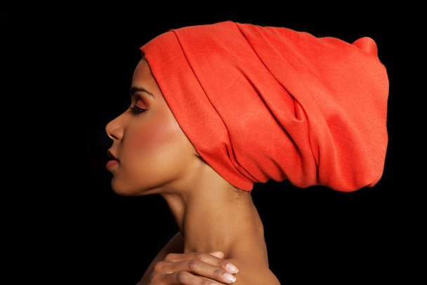 Attractive woman's profile in turban. Closed eyes. - Fotografie, Obrázek