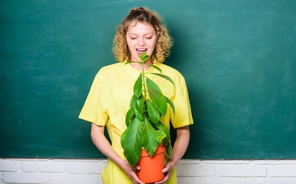 science lesson. tree of knowledge. school learning ecology. school nature study. environmental education. happy student girl with plant at blackboard. teacher woman in glasses at biology lesson - Foto, Imagen