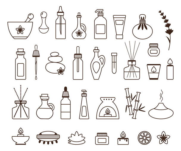 Aromatherapie Ikone Set mit ätherischem Öl Flasche - Vektor, Bild