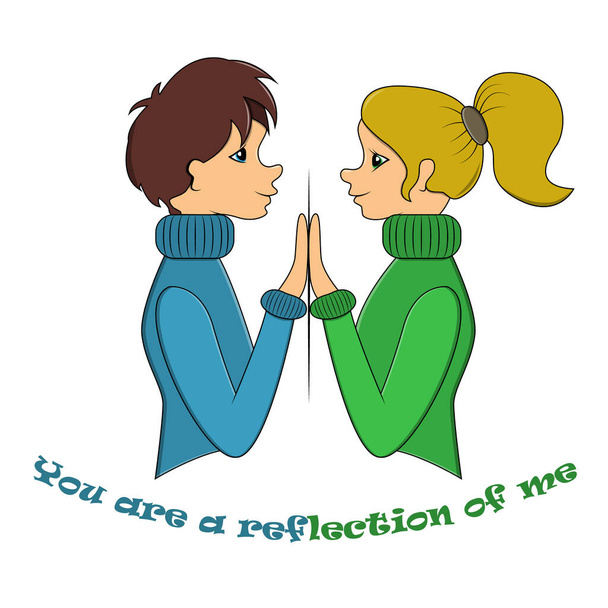 vektori väri kuva poika ja tyttö sininen ja vihreä villapaidat seisovat vastapäätä raita ja koskettaa niiden kämmenet ja teksti olet heijastus minusta valkoisella taustalla
. - Vektori, kuva