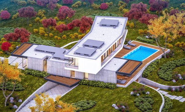 3D-Rendering von modernen gemütlichen Haus auf dem Hügel mit Garage und Pool zum Verkauf oder zur Miete mit schöner Landschaft im Hintergrund. Weicher Herbstabend mit goldenen Blättern überall - Foto, Bild