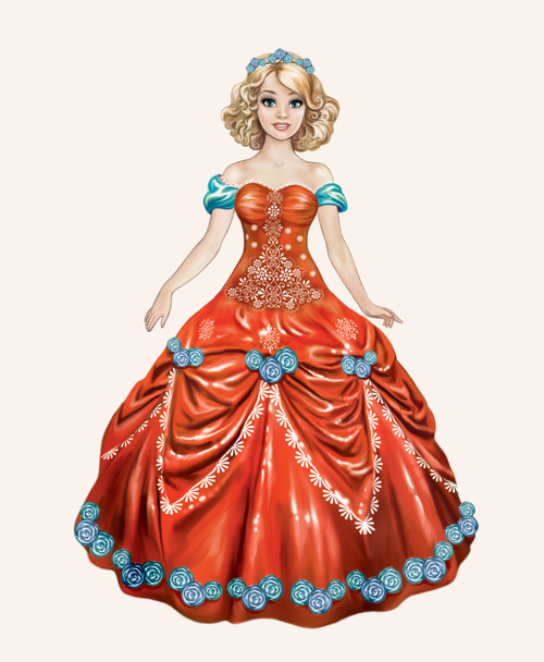 Krásná dívka v červených plesových šatech, blond panenka, pohádková princezna v luxusním oblečení, izolovaný charakter na bílém pozadí - Fotografie, Obrázek
