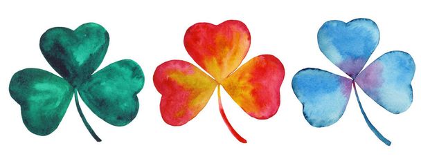 Set of multi-colored clovers. Emerald, blue and red shamrocks illustration. Hand-drawn watercolor painting. Decorative elements for St. Patrick's Day, ecological, organic, floral design - Photo, image