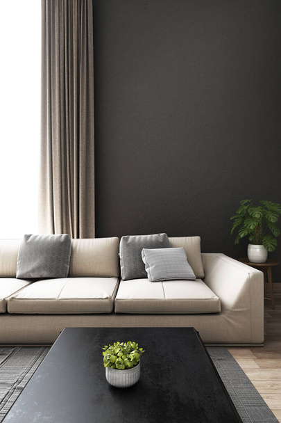 Sala de estar con sofá y fondo de pared gris. Ilustración 3D
 - Foto, imagen